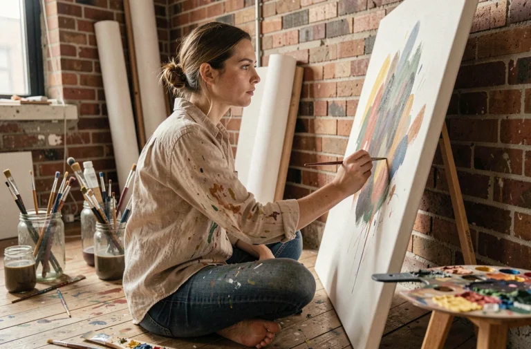 Femme peignant sur une toile dans un atelier d'art urbain authentique, illustrant les loisirs créatifs