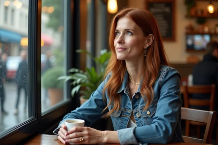 Femme pensive dans un café regardant par la fenêtre sous la pluie, symbolisant la réflexion sur l'amour et les émotions dans la chanson de Tina Turner