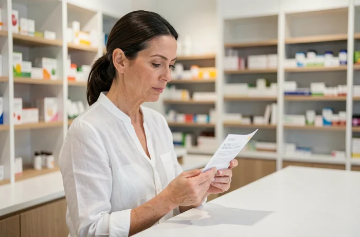 Femme d'une quarantaine d'années lisant une notice de complément alimentaire à la gelée royale dans une pharmacie moderne