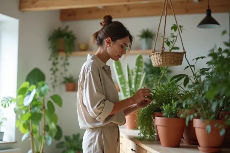 Femme prenant soin de ses plantes d'intérieur dans un salon au style scandinave, tendance bien-être et jardinage à domicile
