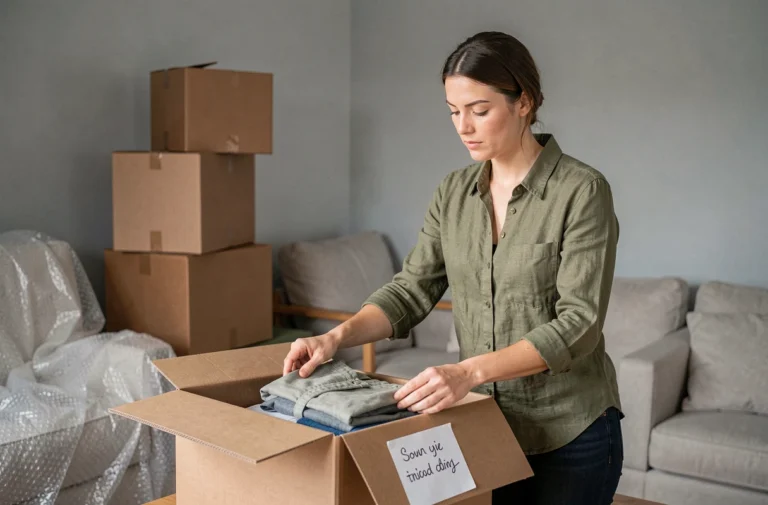 Femme préparant ses cartons de déménagement dans un appartement en cours de vidage, solutions d'organisation maison