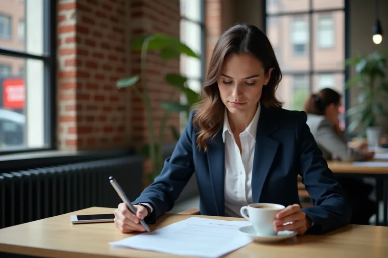 Femme professionnelle révisant son CV dans un espace de coworking moderne en ville pour sa recherche d'emploi