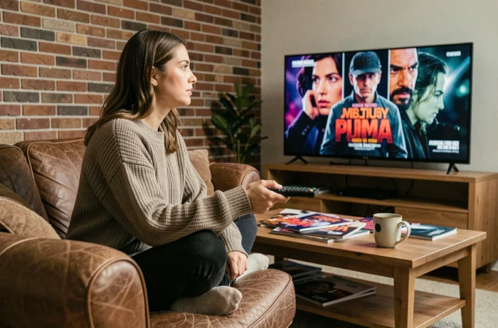 Femme regardant une série télévisée sur son canapé en cuir dans un salon moderne, actualités Série Z