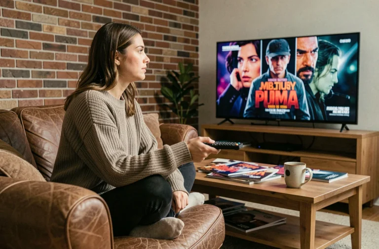 Femme regardant une série télévisée sur son canapé en cuir dans un salon moderne, actualités Série Z