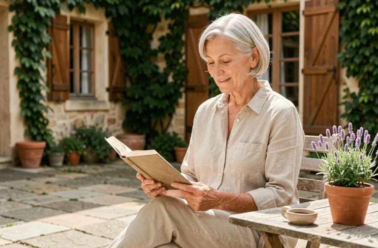 Femme senior souriante lisant un livre sur une terrasse en pierre d'une maison de campagne française, illustrant une retraite paisible et épanouie