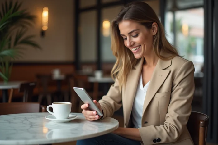Femme parcourant la page sitemap d'un site de mode sur smartphone dans un café tendance