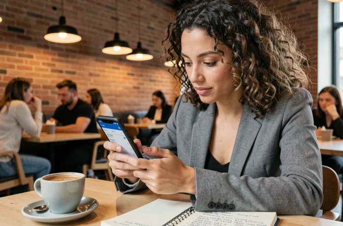 Jeune femme consultant une application de trading en bourse sur smartphone dans un café urbain