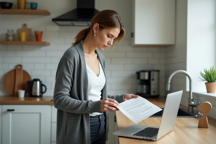 Femme comparant un courrier officiel avec des informations en ligne pour vérifier son authenticité