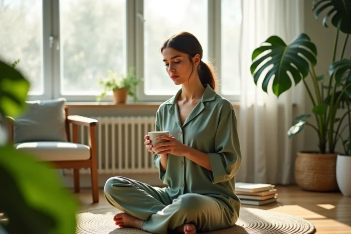 Jeune femme zen entourée de plantes tropicales dans un appartement minimaliste, bien-être et tendances plantes d'intérieur
