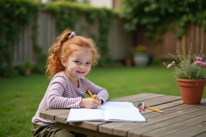 Fillette de 8 ans dessinant dans un carnet de croquis en plein air dans un jardin verdoyant entouré de fleurs