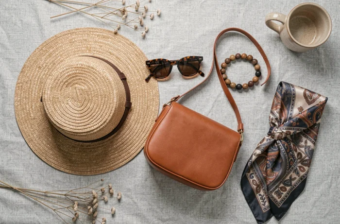 Flat lay d'accessoires tendance de la saison incluant chapeau, lunettes, sac en cuir et foulard en soie