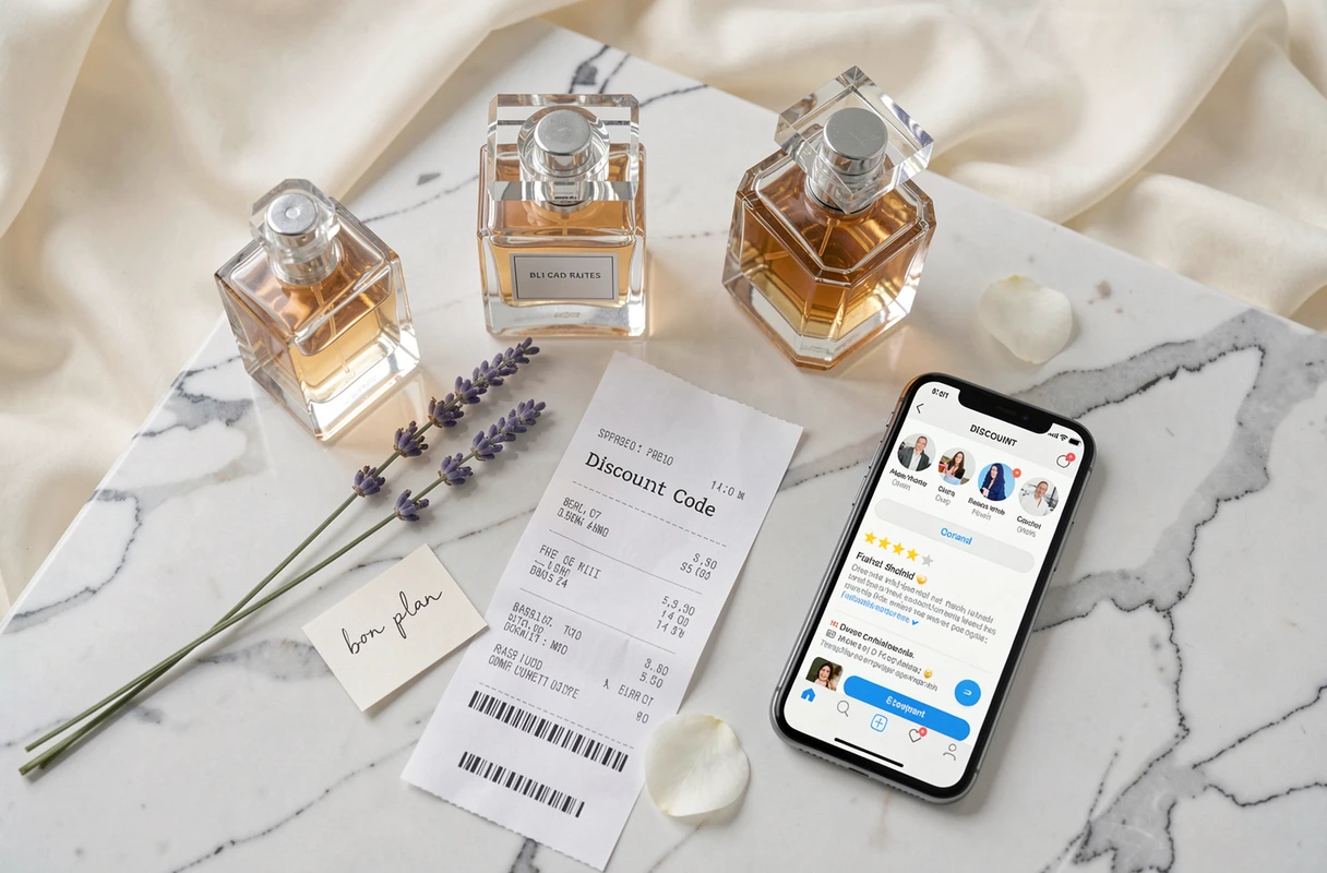 Flat lay de flacons de parfum, code promo imprimé et avis clients sur smartphone sur un plan de marbre blanc