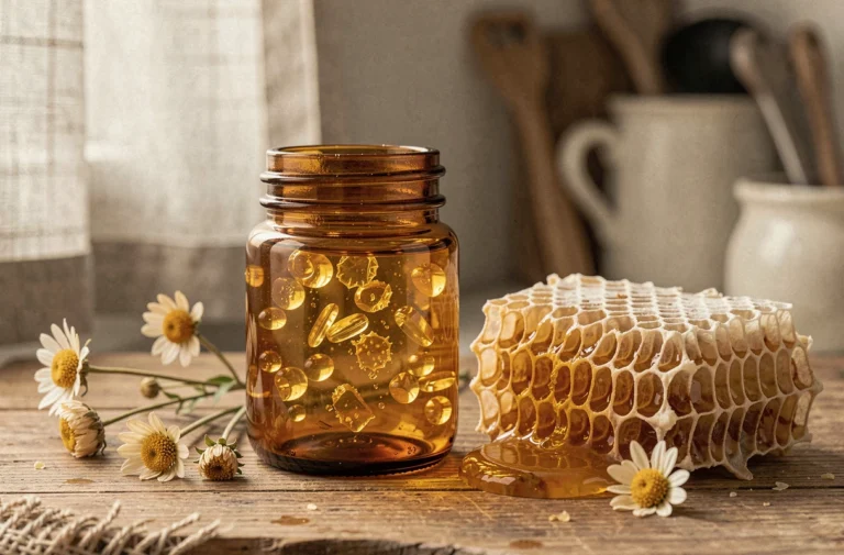 Pot en verre de gelée royale posé sur une surface en bois naturel avec un morceau de rayon de miel et des fleurs séchées