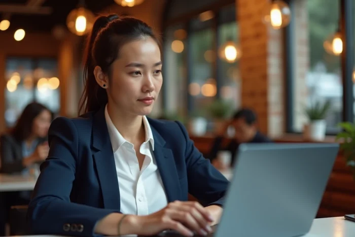 Femme gérant son portefeuille d'investissements en ligne depuis un café avec un ordinateur portable