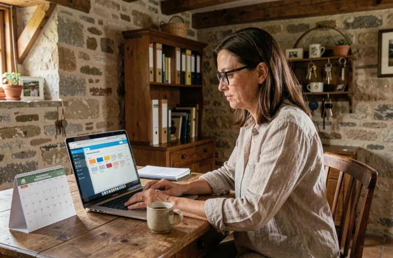 Propriétaire de gîte de France gérant ses réservations sur un logiciel de gestion en ligne depuis son bureau rustique