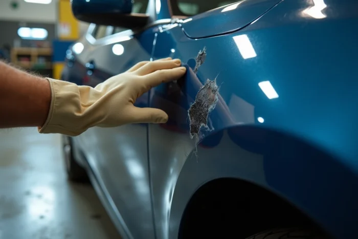 Gros plan sur une rayure profonde et un éclat de peinture sur la carrosserie d'une voiture en atelier