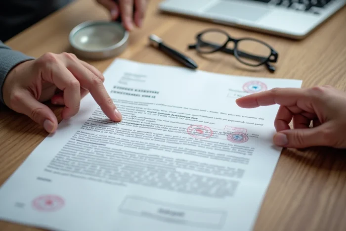 Gros plan sur un courrier administratif officiel examiné à la loupe pour vérifier son authenticité