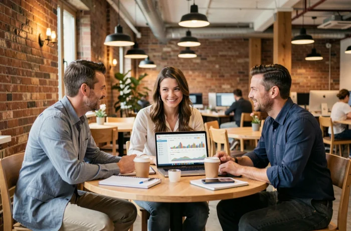 Groupe de professionnels collaborant sur une stratégie d'investissement en bourse dans un espace de coworking