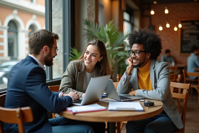 Groupe de jeunes professionnels collaborant sur leur recherche d'emploi dans un café urbain