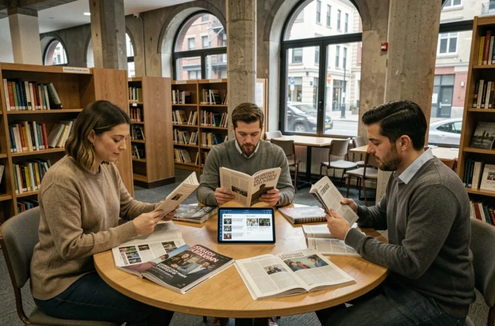 Groupe de personnes lisant des articles de presse indépendante dans une bibliothèque publique moderne