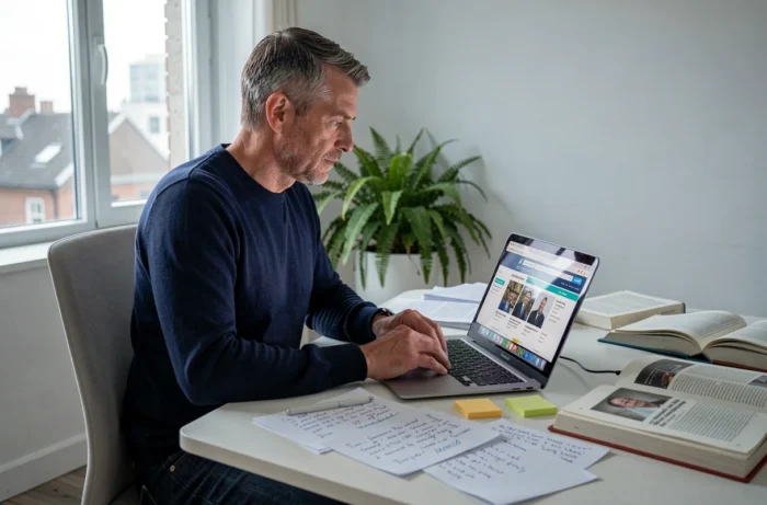Homme consultant des articles d'actualité indépendante sur un ordinateur portable dans un bureau à domicile moderne