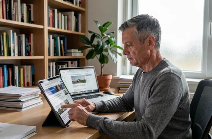 Homme consultant les actualités du jour sur une tablette numérique dans un bureau à domicile moderne