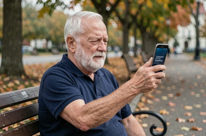 Un homme âgé lisant sur son smartphone Samsung en mode senior assis sur un banc dans un parc en automne