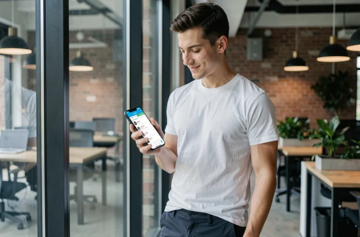 Jeune professionnel gérant l'automatisation de ses publications sur les réseaux sociaux depuis une application mobile dans un espace de coworking