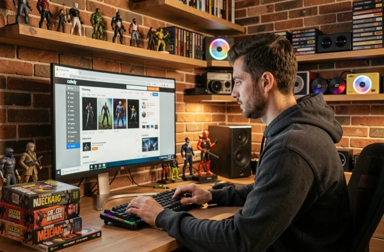 Homme parcourant une boutique geek en ligne depuis son bureau high-tech rempli de figurines et gadgets