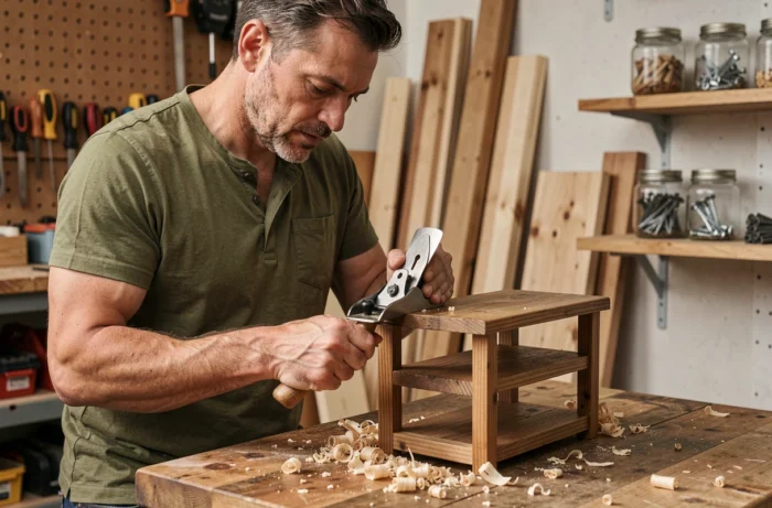 Homme travaillant le bois dans un atelier de bricolage fait maison avec des outils artisanaux