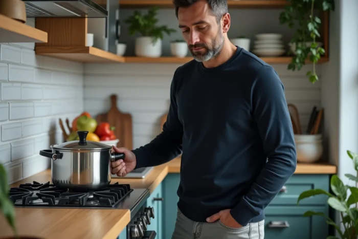 Homme surveillant une cocotte minute sur une gazinière dans une cuisine d'appartement pour réchauffer des haricots verts