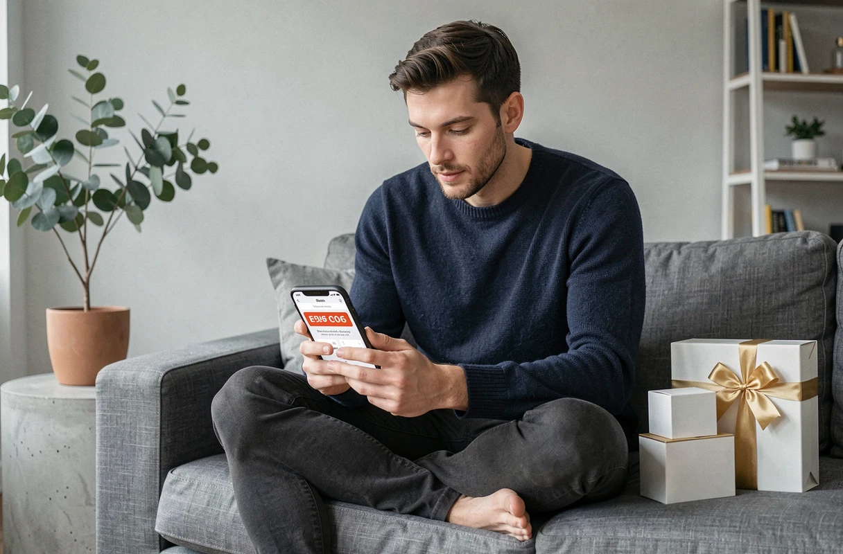 Homme utilisant un code promo sur une application mobile pour acheter un parfum de luxe livré à domicile