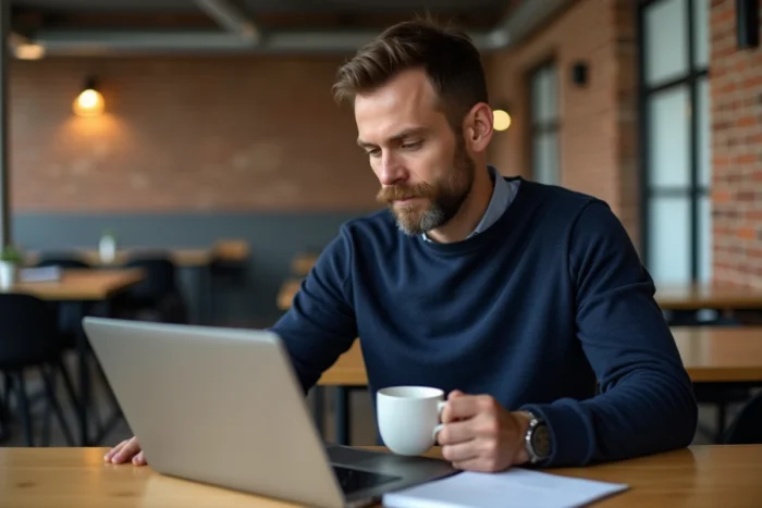 Homme consultant un site d'actualité économique sur laptop dans un espace de coworking
