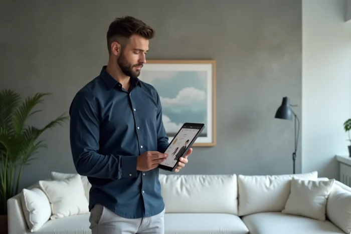 Homme consultant la page sitemap d'un site de mode sur une tablette dans un salon moderne