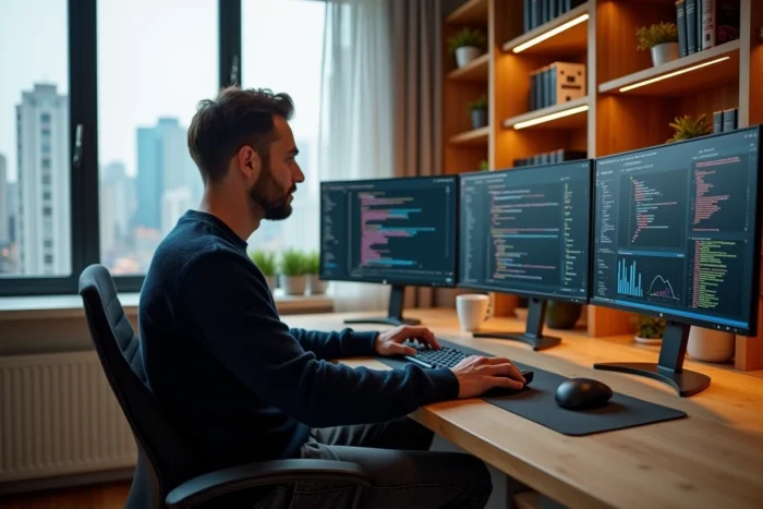 Homme travaillant sur une station informatique double écran dans un bureau à domicile avec vue urbaine