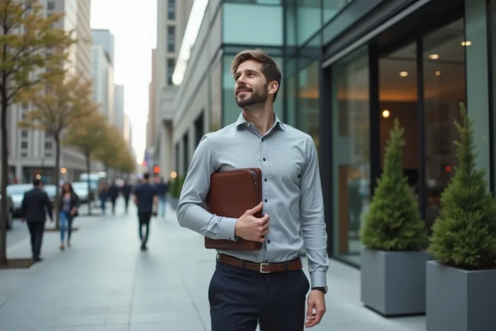 Homme en tenue professionnelle devant un immeuble de bureaux en ville lors d'une recherche d'emploi