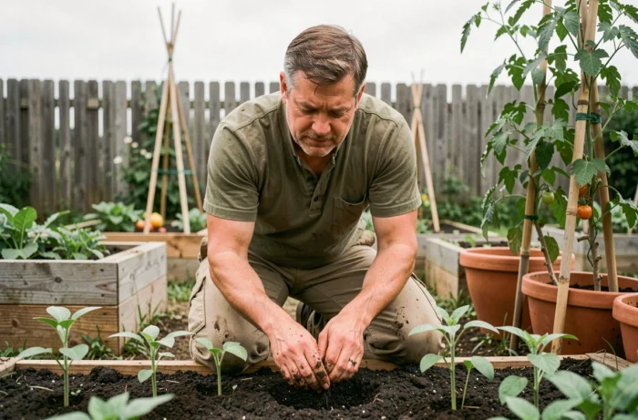 Homme jardinage potager maison, transplantation de jeunes plants dans un jardin verdoyant, activité de plein air