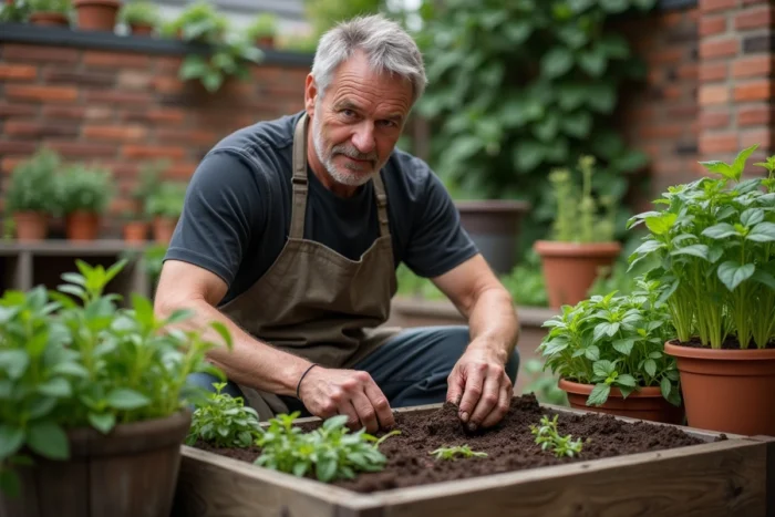 Homme jardинant sur une terrasse urbaine, rempotant des herbes aromatiques dans un potager en bois, tendances jardinage et bien-être