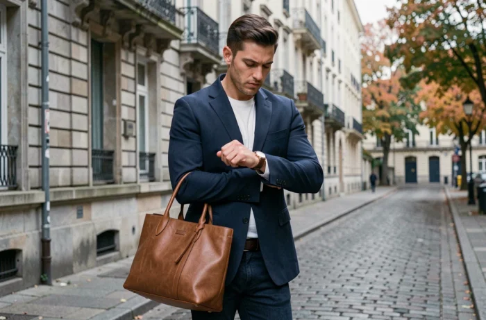 Homme stylé en veste marine portant une montre en cuir et un sac cabas dans une rue pavée européenne