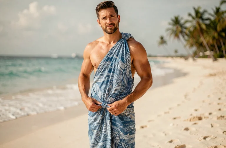 Homme en paréo bleu et blanc noué à la taille sur une plage tropicale, ajustant le nœud avec style et décontraction