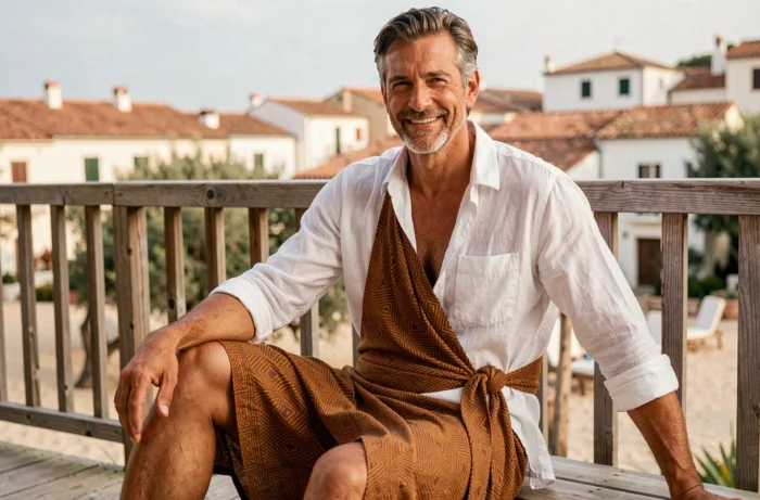 Homme mûr en paréo ocre noué sur le côté assis sur une terrasse en bois face à la mer Méditerranée