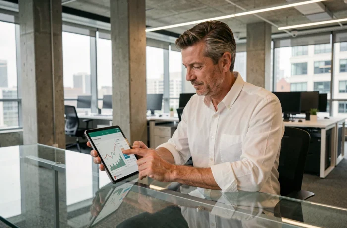 Homme d'affaires consultant une plateforme de gestion financière technique sur tablette dans un bureau moderne