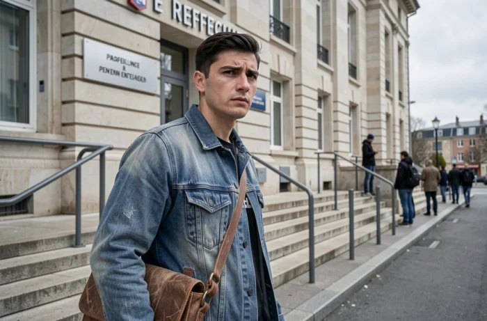 Homme attendant devant une préfecture pour une demande de logement prioritaire DALO
