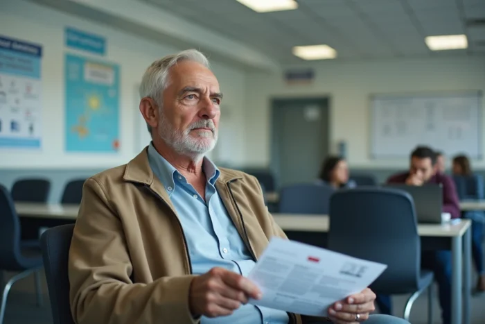 Homme âgé assis dans une salle d'attente de la CPAM tenant sa carte Vitale et un document papier pour résoudre un problème d'ALD non enregistrée