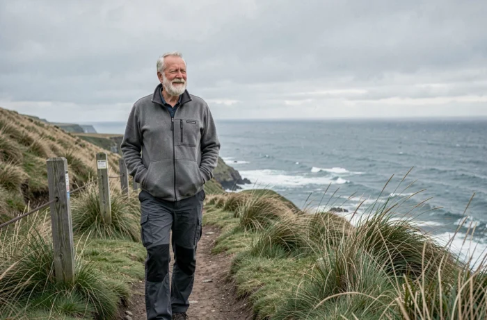 Homme senior actif marchant sur un sentier côtier atlantique, symbolisant la vitalité et le bien-être à la retraite lors d'une randonnée en plein air