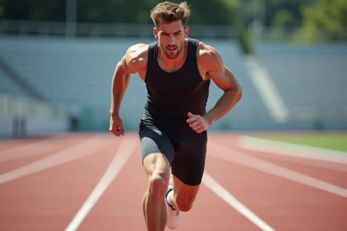 Athlète masculin en sprint anaérobie explosif sur une piste d'athlétisme, illustrant l'effort anaérobie intense en sport