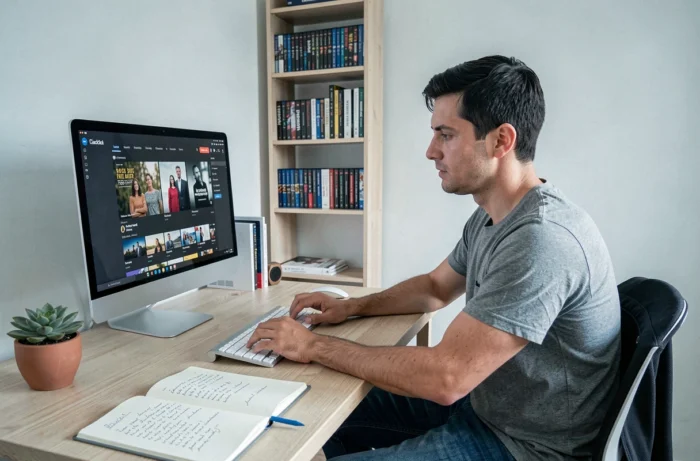 Homme parcourant un catalogue de séries sur son ordinateur dans un bureau minimaliste à domicile