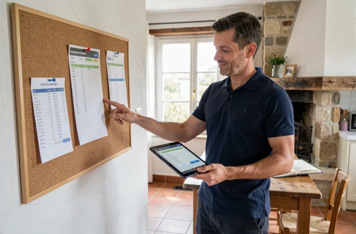 Hôte d'un gîte de France consultant une application de gestion des réservations sur tablette dans l'espace de vie rénové