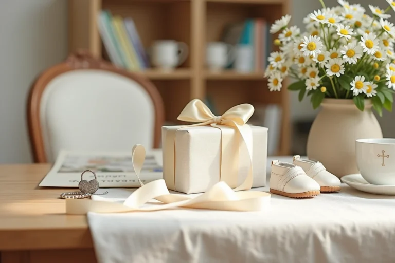 Table de baptême décorée avec cadeaux, fleurs blanches et souvenirs délicats pour un baptême inoubliable