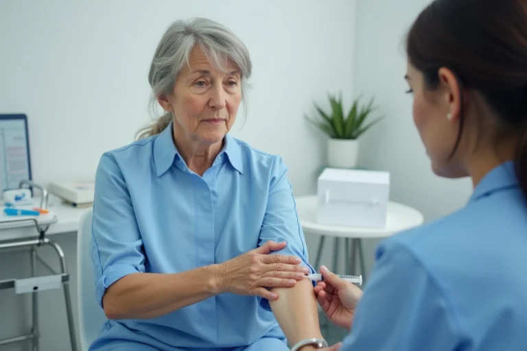 Femme recevant une injection de cortisone intramusculaire dans une clinique médicale moderne